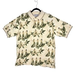 Boca Classics Polo Shirt Mens LT Cream Hula Girl Tropical Print Ribbed Cotton